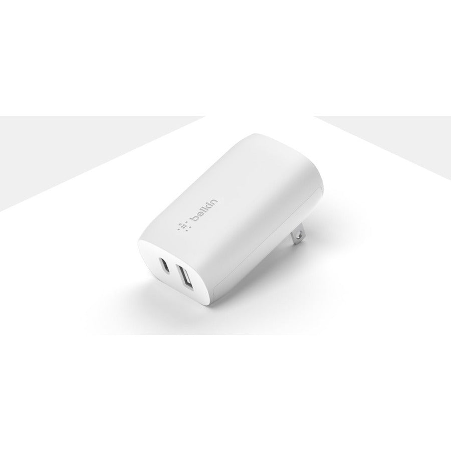 Belkin 37W Portable Dual Port USB-C Wall Charger - 1xUSB-A (12W), 1xUSB-C (30W) - Fast Charging - Power Adapter - White - WCB007dqWH