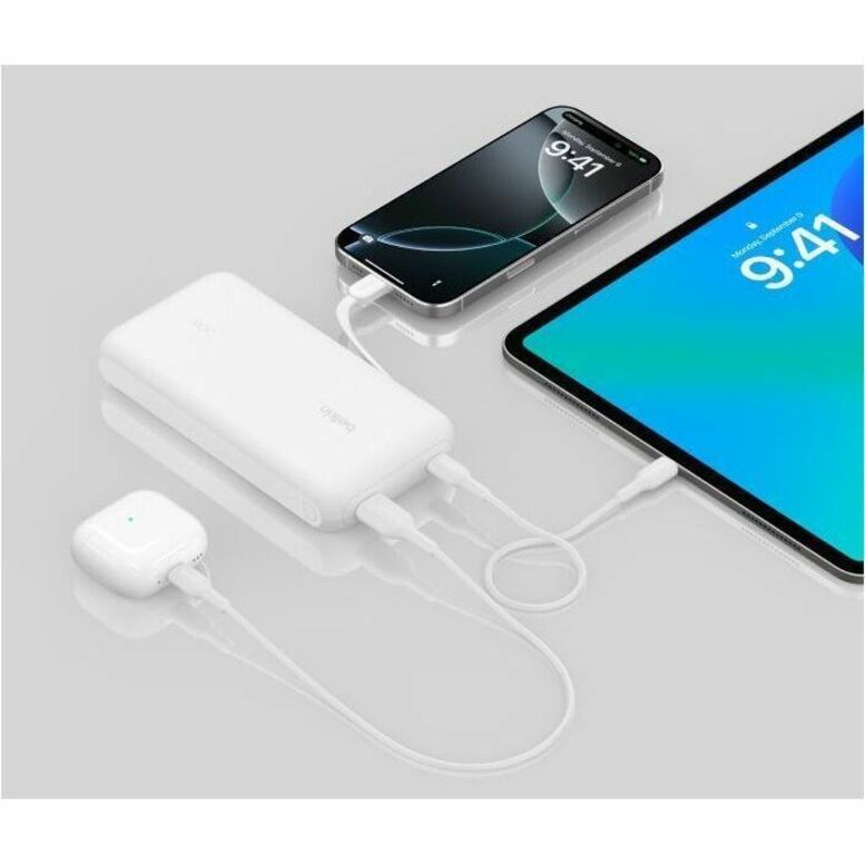 Belkin 30W 2-port Power Bank w/ Integrated USB-C Cable - 20K mAh - 1xUSB-A, 1xUSB-C - Portable Charger - White - BPB024fqWH