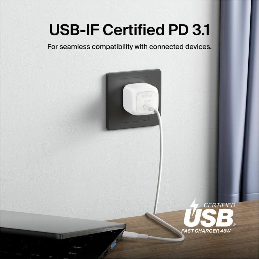 Belkin 45W Portable USB-C Wall Charger - 1xUSB-C (45W) - Fast Charge - Power Adapter - White - WCA013dqWH