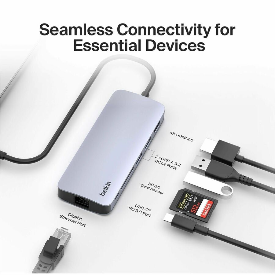 Belkin 6-Port USB-C Hub - USB-C to 2xUSB-A, 1xUSB-C, 1xEthernet, 1x8K HDMI, 1xSD Reader - Docking Station - Grey - AVC008fqSGY-V2