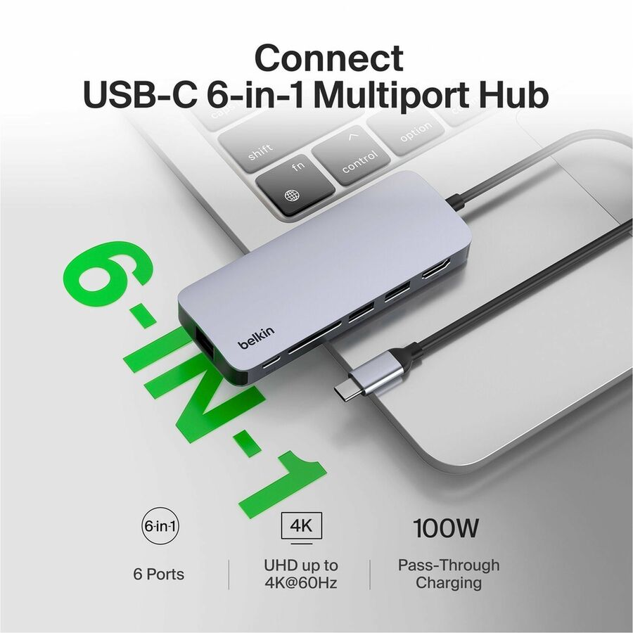 Belkin 6-Port USB-C Hub - USB-C to 2xUSB-A, 1xUSB-C, 1xEthernet, 1x8K HDMI, 1xSD Reader - Docking Station - Grey - AVC008fqSGY-V2
