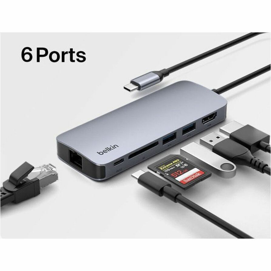 Belkin 6-Port USB-C Hub - USB-C to 2xUSB-A, 1xUSB-C, 1xEthernet, 1x8K HDMI, 1xSD Reader - Docking Station - Grey - AVC008fqSGY-V2