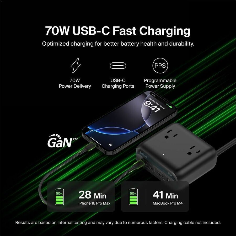 Belkin 3-Outlet Charging Station w/ 2x USB-A & 2x USB-C Ports 70W - 5ft/1.5m Cord - Straight Plug - Black - SRZ001tt5