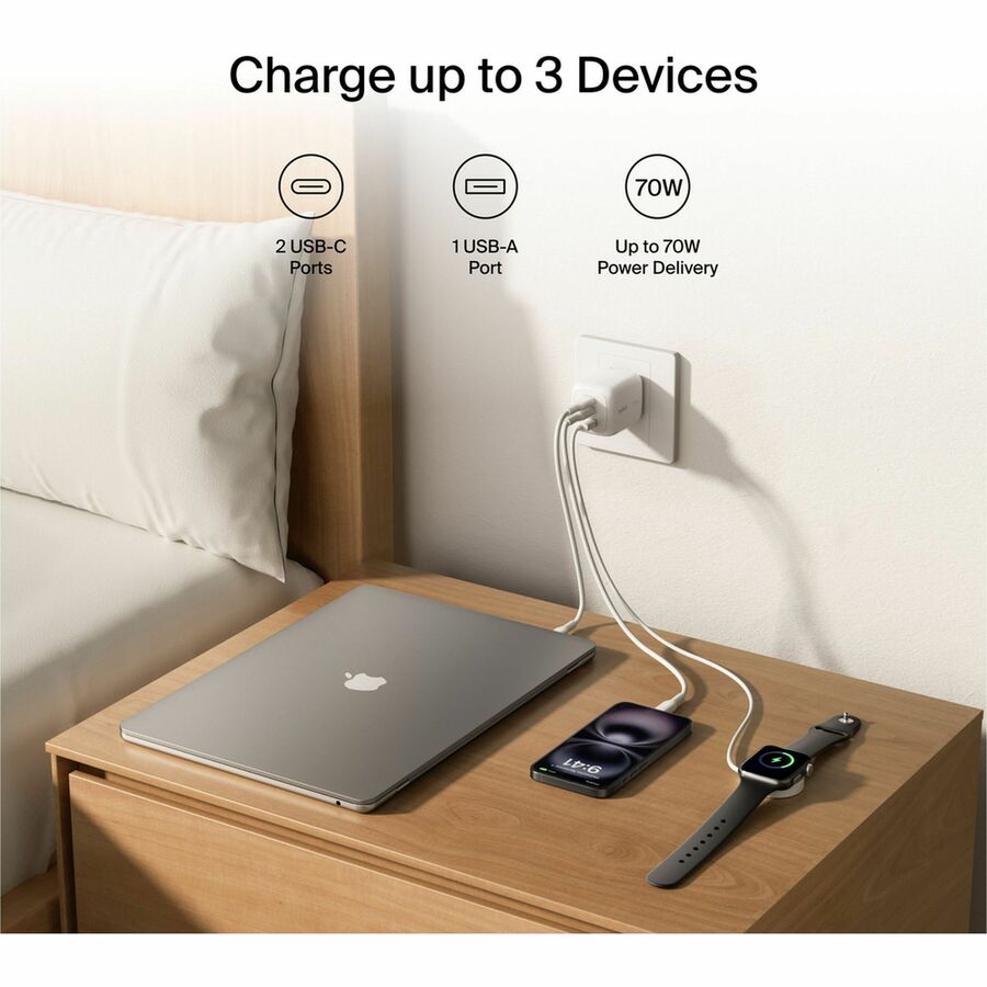 Belkin 70W GaN 3-Port USB Wall Charger - 1xUSB-A, 2xUSB-C - Foldable Prongs - Power Adapter - White - WCH018dqWH