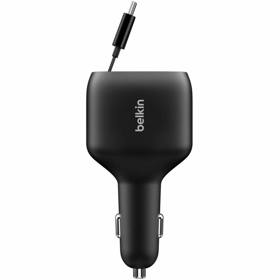 Belkin 75W Dual Port USB Car Charger - 1xUSB-A, 1xUSB-C w/ Retractable USB-C Cable - Black - CCC001fqBK