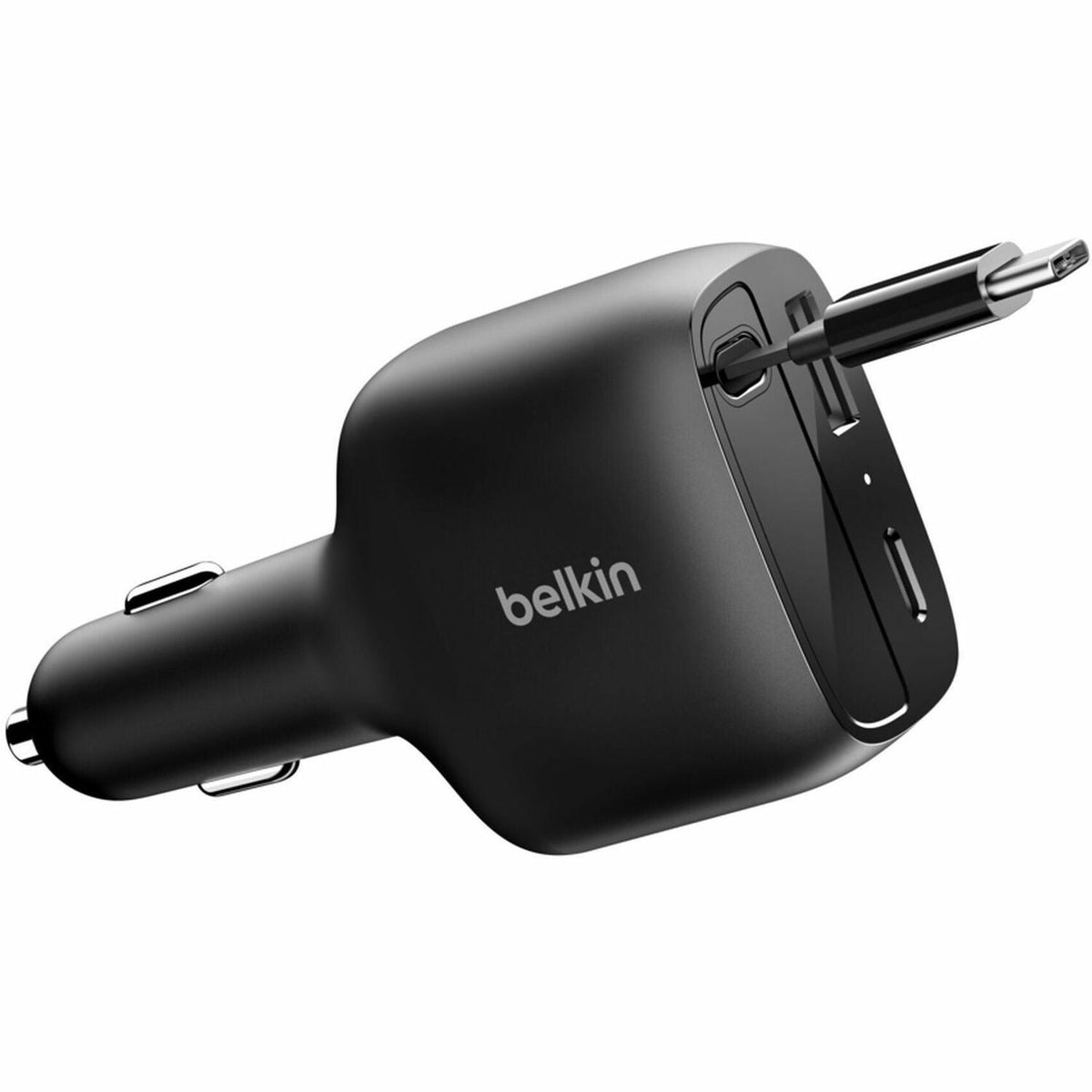 Belkin 75W Dual Port USB Car Charger - 1xUSB-A, 1xUSB-C w/ Retractable USB-C Cable - Black - CCC001fqBK
