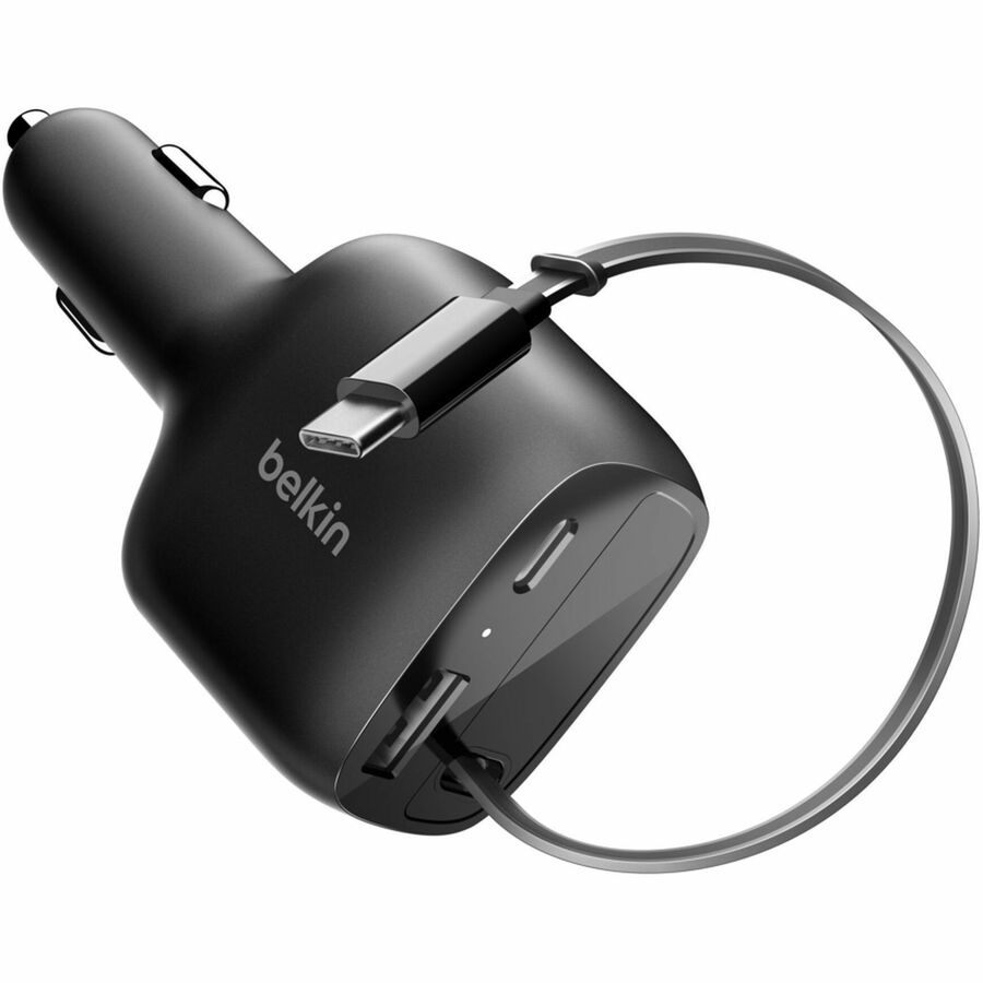 Belkin 75W Dual Port USB Car Charger - 1xUSB-A, 1xUSB-C w/ Retractable USB-C Cable - Black - CCC001fqBK