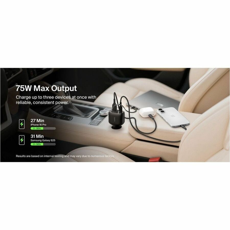 Belkin 75W Dual Port USB Car Charger - 1xUSB-A, 1xUSB-C w/ Retractable USB-C Cable - Black - CCC001fqBK