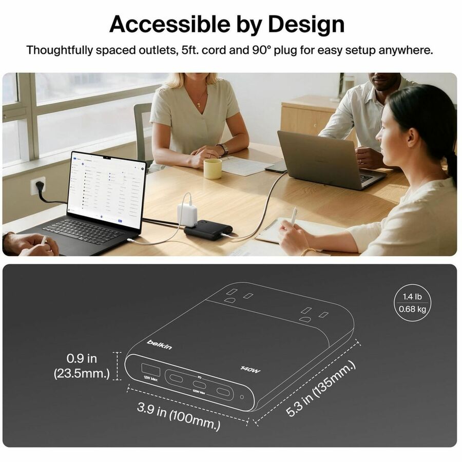 Belkin 2-Outlet Charging Station w/ 1x USB-A & 3x USB-C Ports 140W - 5ft/1.5m Cord - Straight Plug - Black - SRZ003tt5