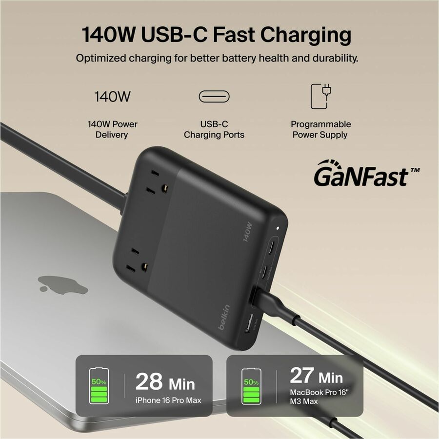 Belkin 2-Outlet Charging Station w/ 1x USB-A & 3x USB-C Ports 140W - 5ft/1.5m Cord - Straight Plug - Black - SRZ003tt5