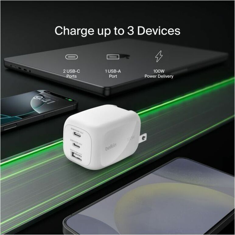 Belkin 100W GaN 3-Port USB Wall Charger - 1xUSB-A, 2xUSB-C - Foldable Prongs - Power Adapter - White - WCH016dqWH