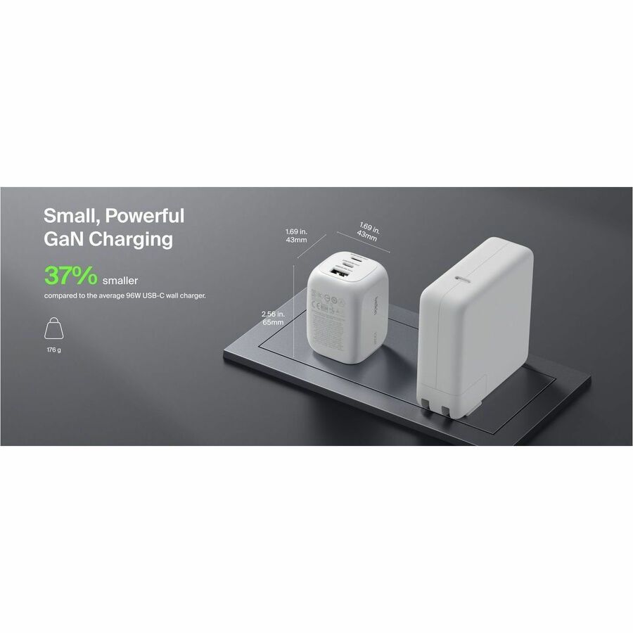 Belkin 100W GaN 3-Port USB Wall Charger - 1xUSB-A, 2xUSB-C - Foldable Prongs - Power Adapter - White - WCH016dqWH