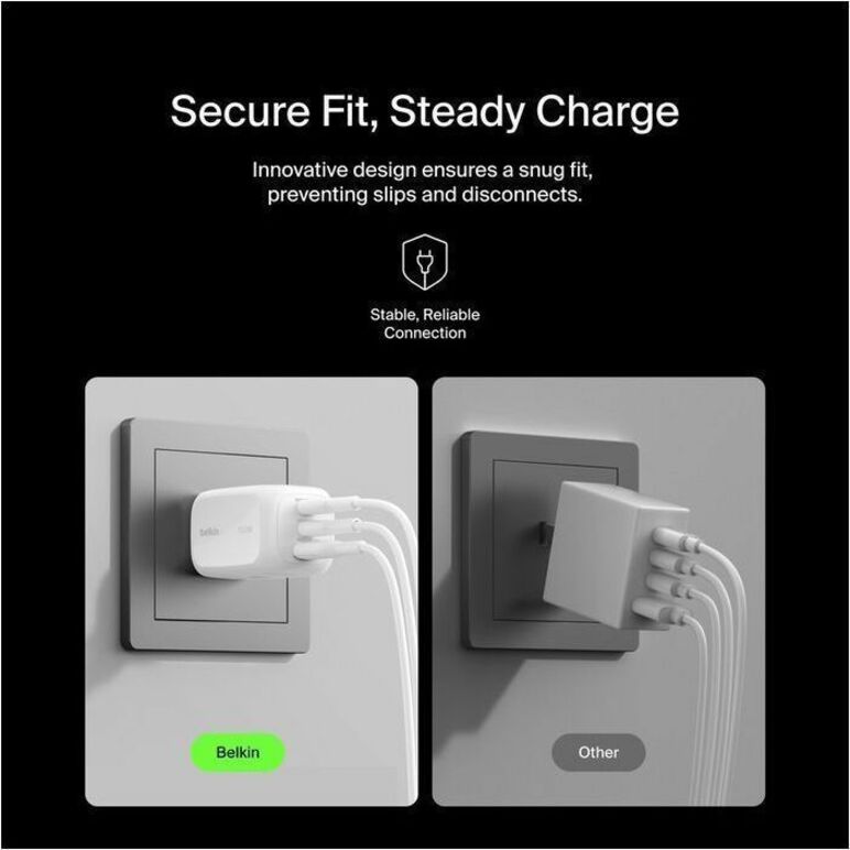 Belkin 100W GaN 3-Port USB Wall Charger - 1xUSB-A, 2xUSB-C - Foldable Prongs - Power Adapter - White - WCH016dqWH