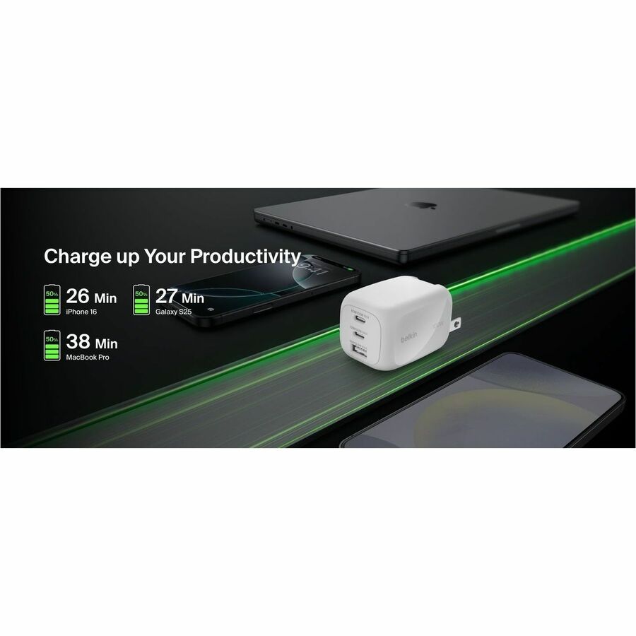 Belkin 100W GaN 3-Port USB Wall Charger - 1xUSB-A, 2xUSB-C - Foldable Prongs - Power Adapter - White - WCH016dqWH