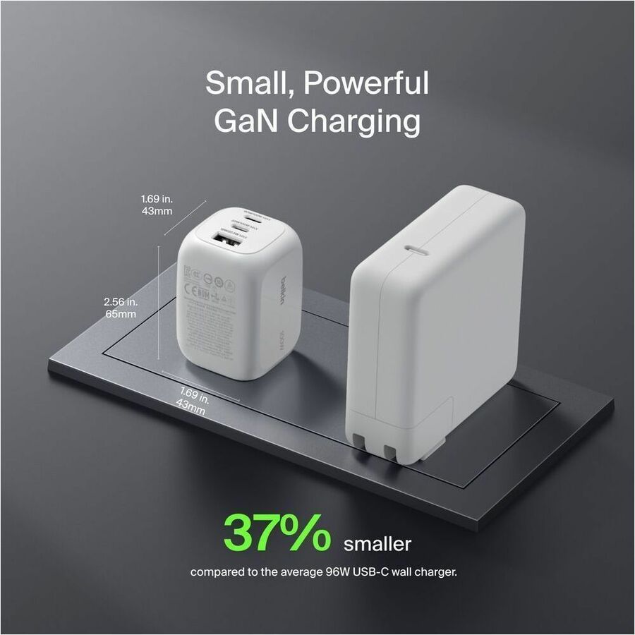 Belkin 100W GaN 3-Port USB Wall Charger - 1xUSB-A, 2xUSB-C - Foldable Prongs - Power Adapter - White - WCH016dqWH