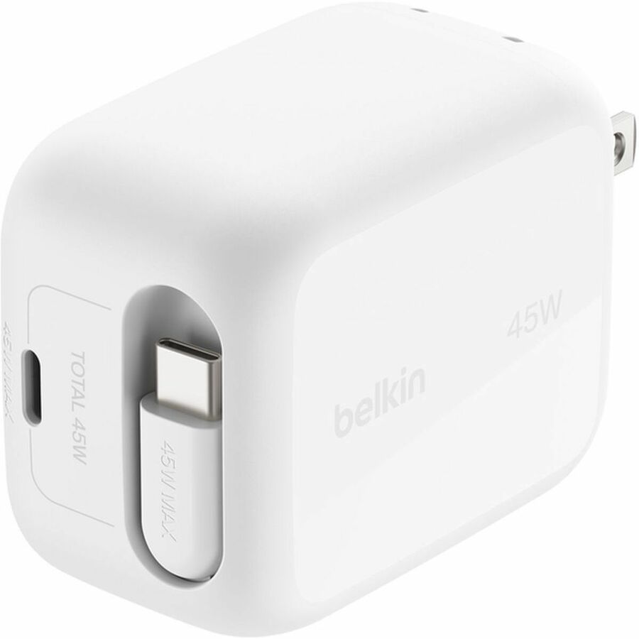 Belkin UltraCharge Retractable GaN Wall Charger 45W, White - WCH023dqWH