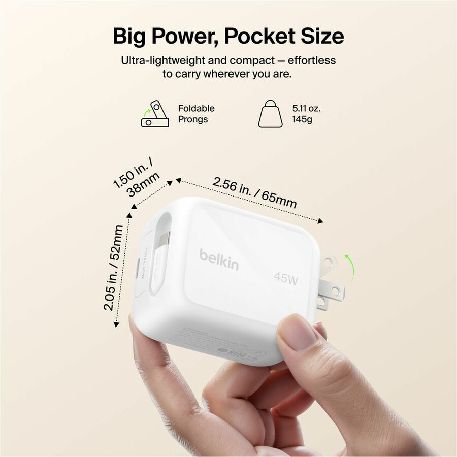 Belkin UltraCharge Retractable GaN Wall Charger 45W, White - WCH023dqWH