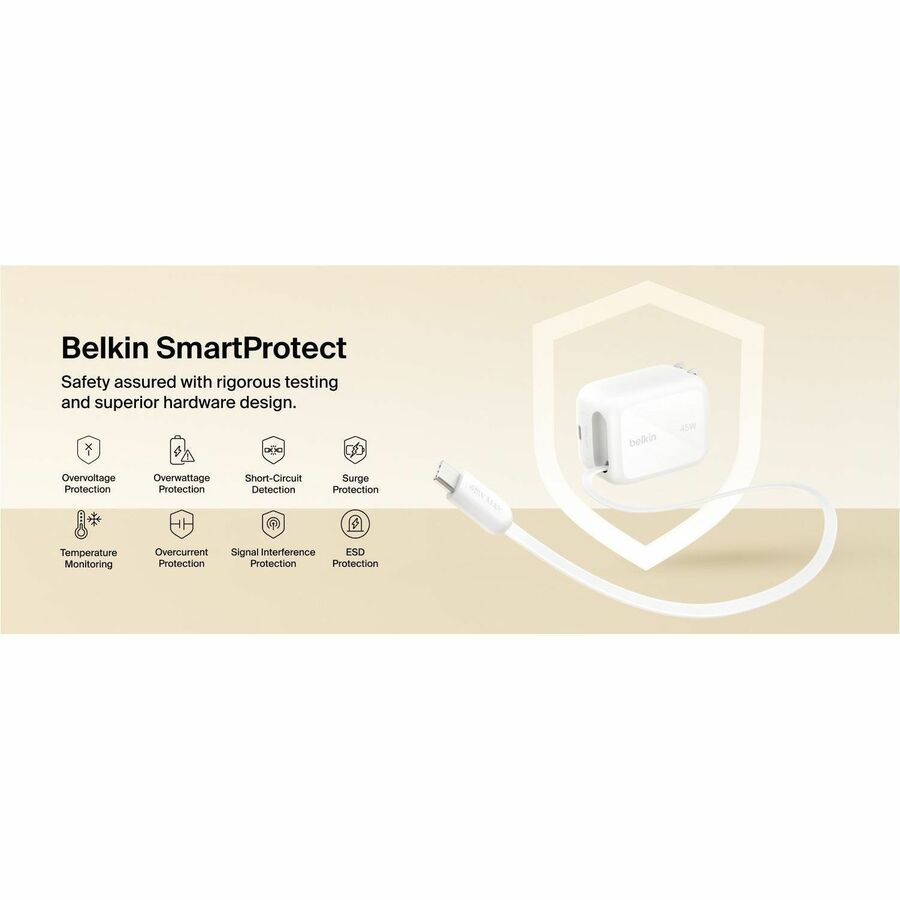 Belkin UltraCharge Retractable GaN Wall Charger 45W, White - WCH023dqWH