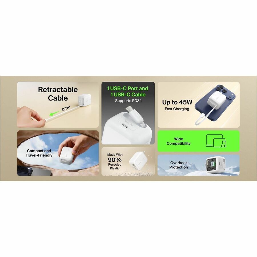 Belkin UltraCharge Retractable GaN Wall Charger 45W, White - WCH023dqWH