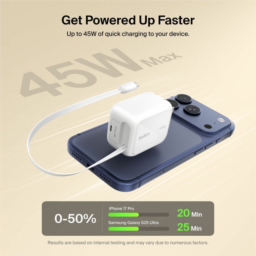 Belkin UltraCharge Retractable GaN Wall Charger 45W, White - WCH023dqWH