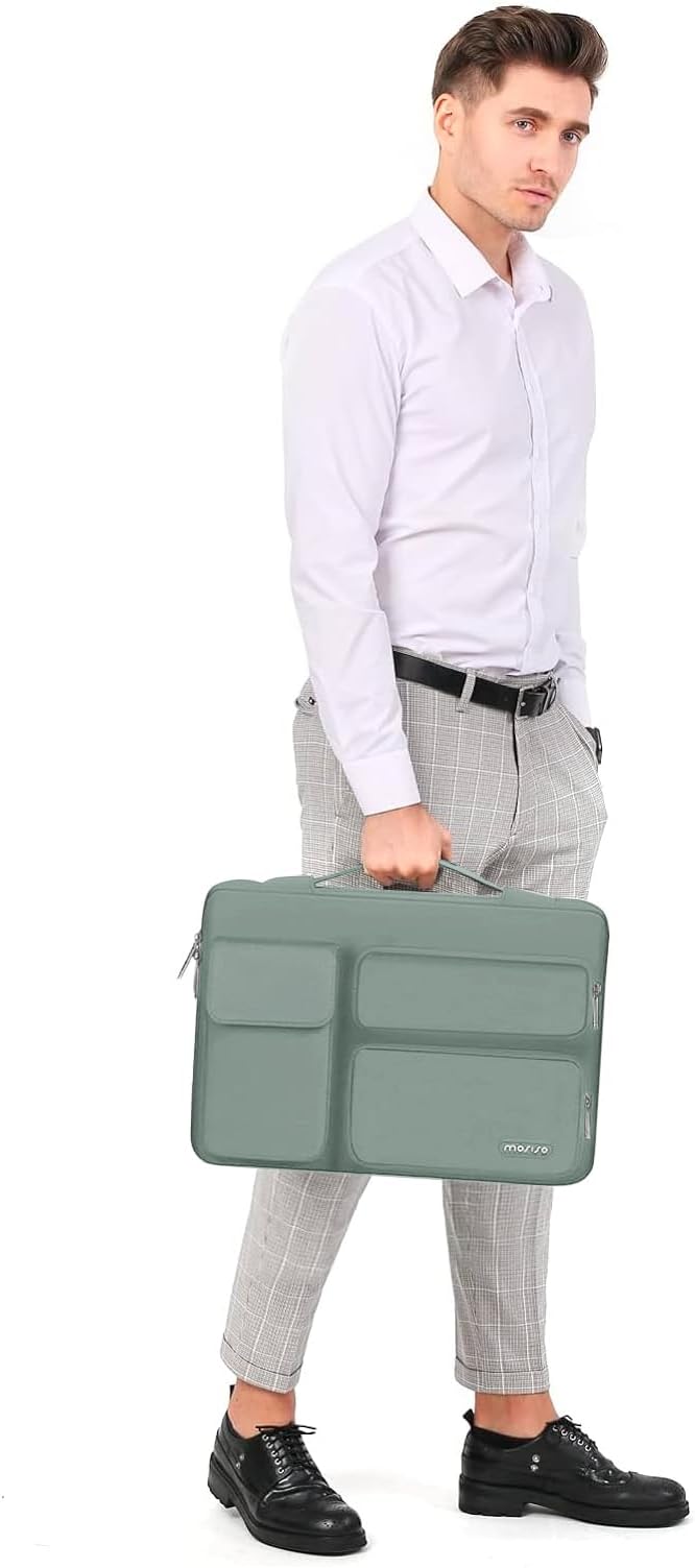 MOSISO 360 Protective Laptop Case 13.3 inch, 13-13.3 inch Laptop Sleeve Compatible with MacBook Air/Pro 13 / Pro 14, HP Dell ASUS Lenovo, Side Open Bag with 2 Raised&1 Flapover Pockets, Antique Green
