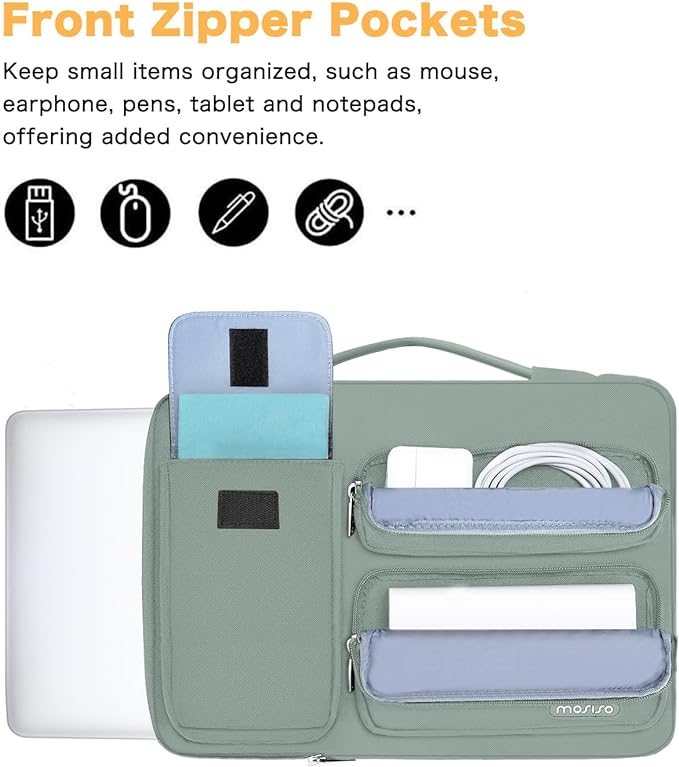 MOSISO 360 Protective Laptop Case 13.3 inch, 13-13.3 inch Laptop Sleeve Compatible with MacBook Air/Pro 13 / Pro 14, HP Dell ASUS Lenovo, Side Open Bag with 2 Raised&1 Flapover Pockets, Antique Green