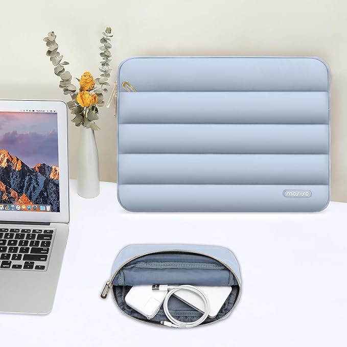 MOSISO 13.3 inch Laptop Case, 13-13.3 inch Puffy Laptop Sleeve Compatible with MacBook Air 13 13.6 M4 M3 M2 M1/Pro 13/Pro 14, HP Dell ASUS Lenovo,Polyester Horizontal Bag with Small Case, Baby Blue
