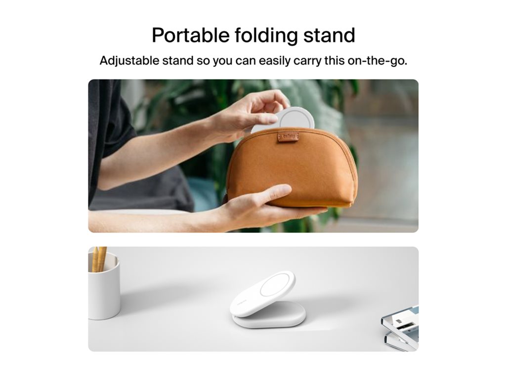 Belkin - Wireless charging stand - magnetic, foldable, with Qi2 + AC power adapter - 15 Watt - Fast Charge - white WIZ028TTWH