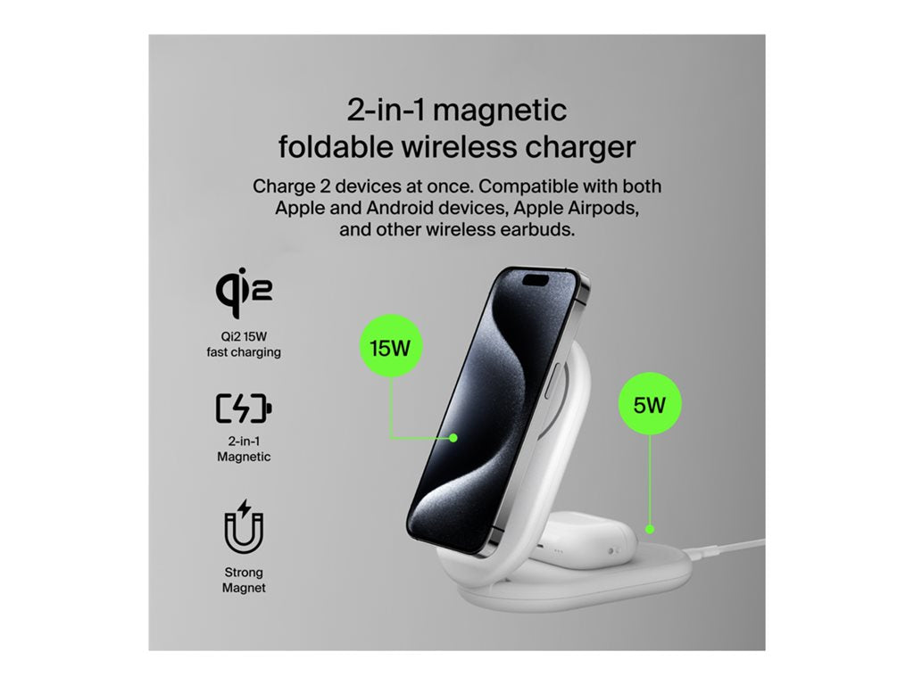 Belkin - Wireless charging stand - magnetic, foldable, with Qi2 + AC power adapter - 15 Watt - Fast Charge - white WIZ028TTWH