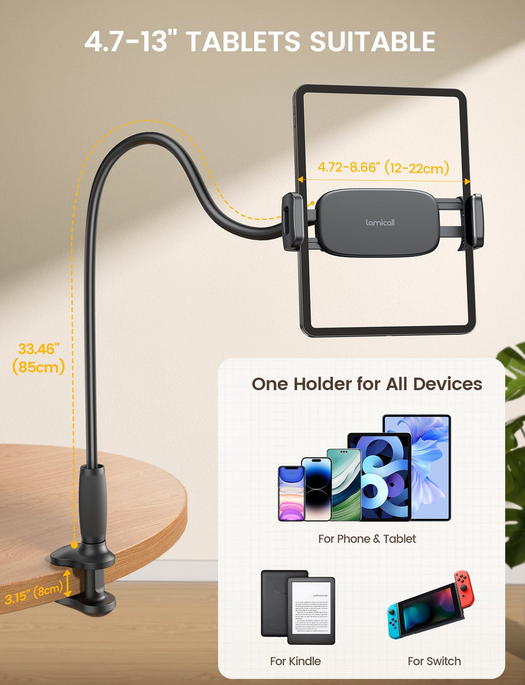 Lamicall Gooseneck Tablet Holder Unique Tapered Flexible Arm Up to 13 inches