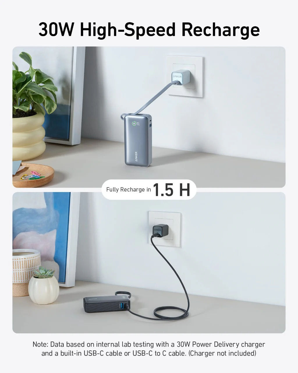 Anker Nano 10K mAh 30W Power Bank W/ Built-In USB-C Cable - Black
